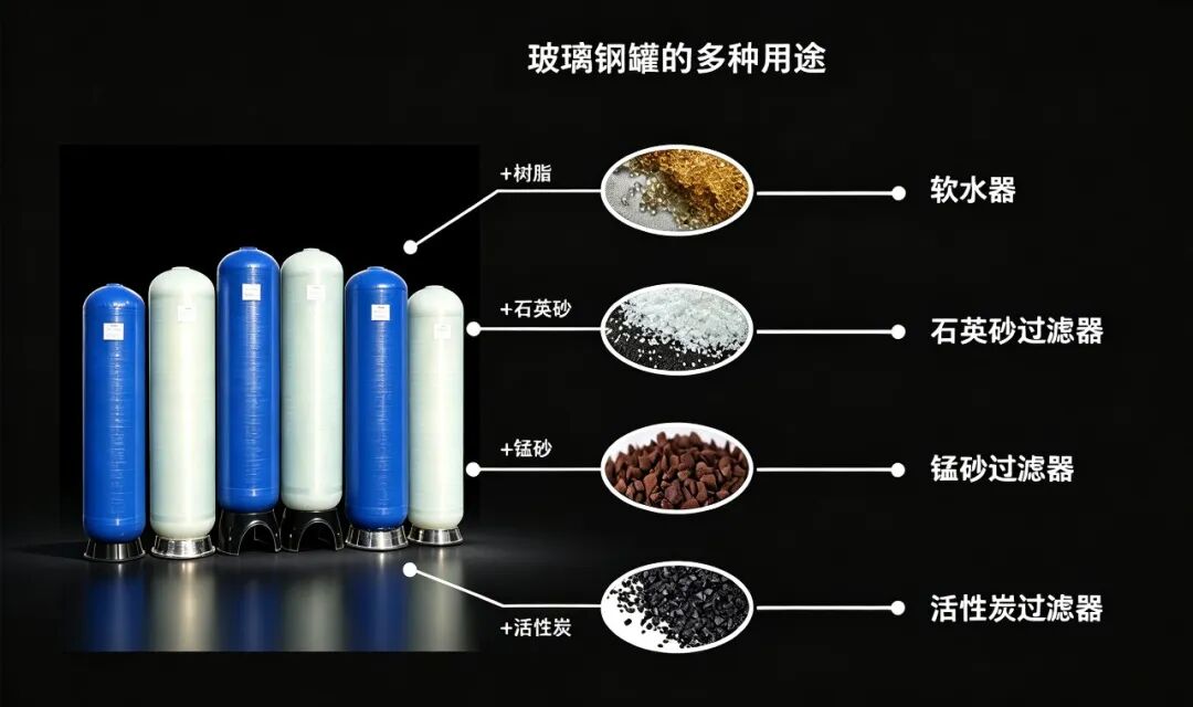What functions can different filter media filled in FRP tanks achieve, such as activated carbon, quartz sand and softening resin?